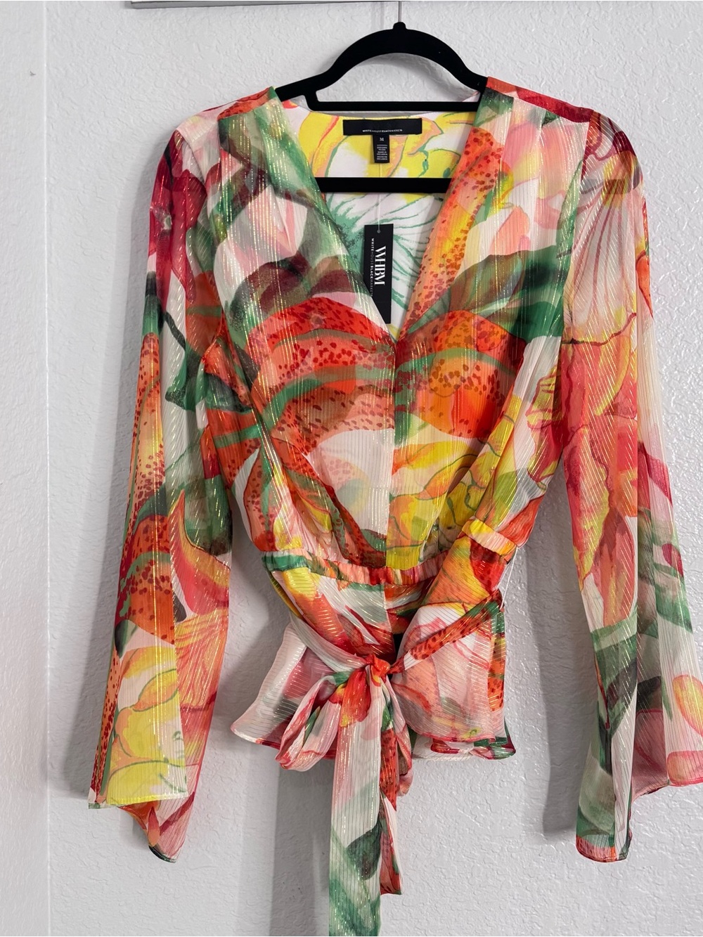 White House Black Market V-Neck Sheer Floral Top - Orange, Green, Red, Cream - Picture 5 of 12
